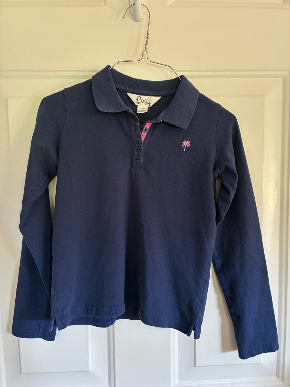 Lilly Pulitzer Navy Long-Sleeve Polo with Pink Palm Logo